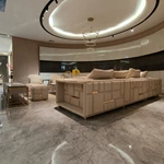 Beige Fabric L-Shape Sofa Set with Geometric Panel Craftsmanship & Fan-Shaped Quilting